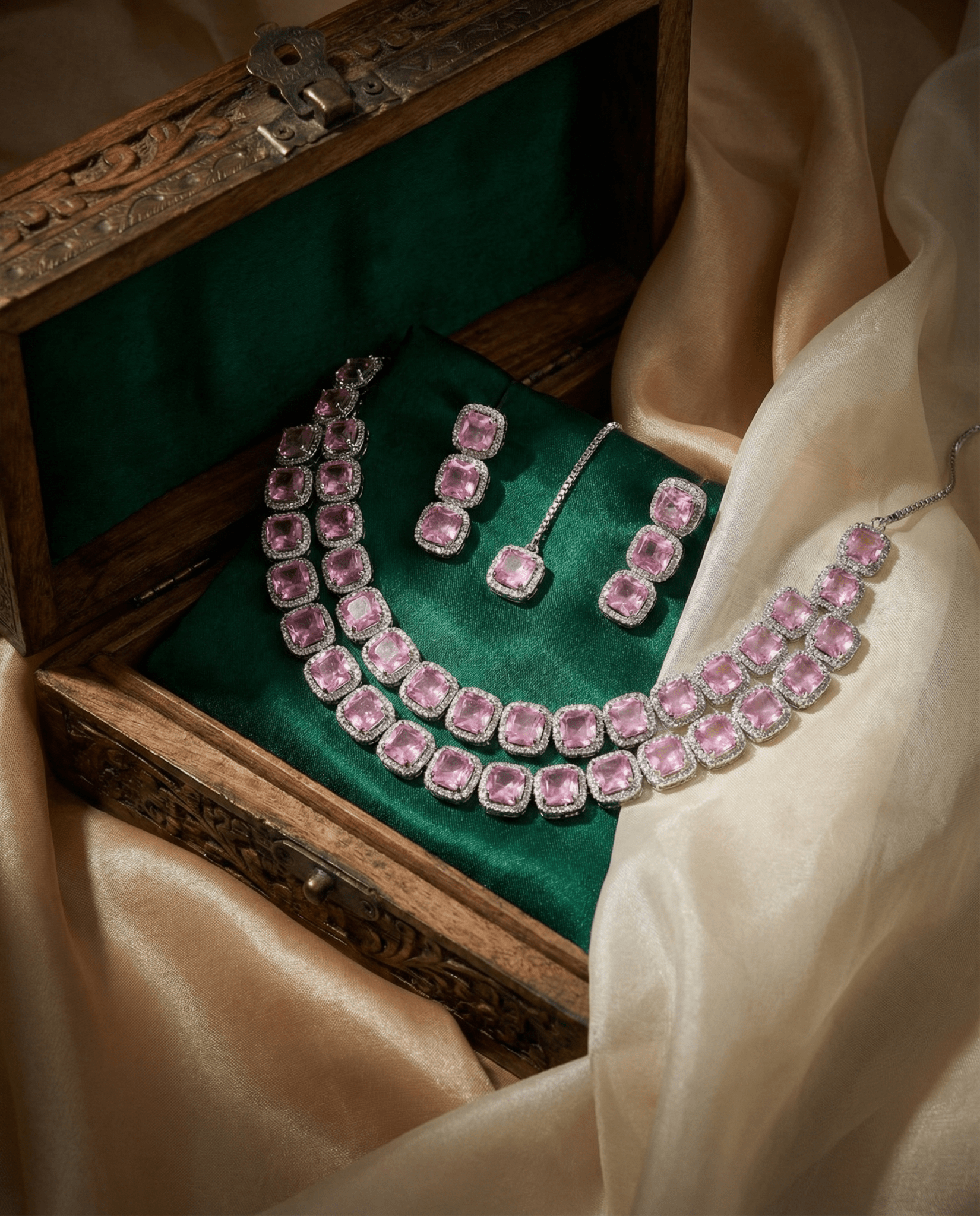 Blush Pink Long Cushion Cut Necklace Set | Luxury Layered Party Jewellery - Maxiblink