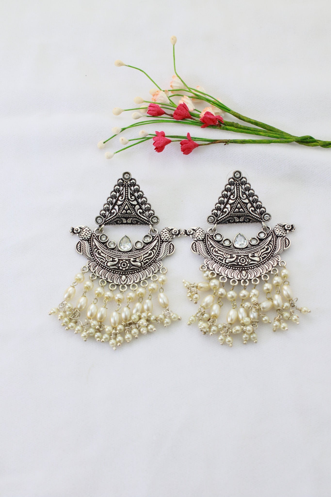 Boat Shape Oxidised German Silver Earrings with Pearl Tassels – Antique Design - Maxiblink