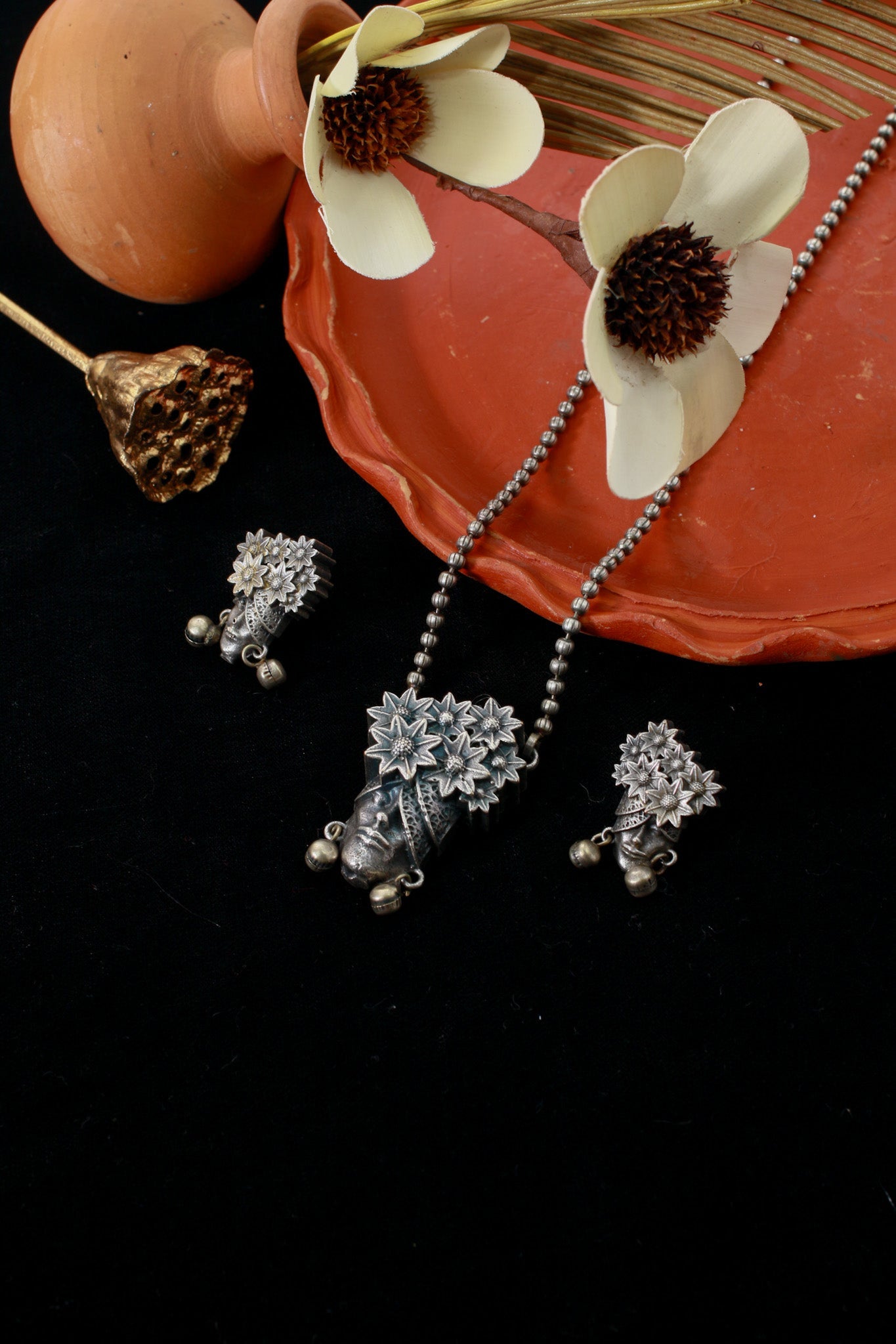 Boho Face Motif Pendant Set with Florals | Oxidised German Silver - Maxiblink