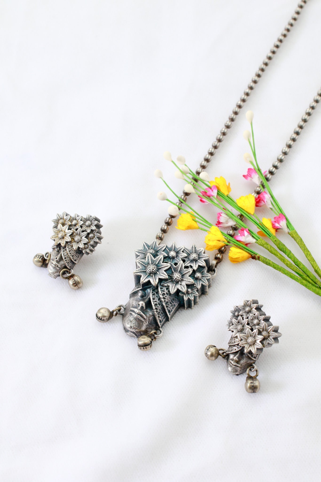 Boho Face Motif Pendant Set with Florals | Oxidised German Silver - Maxiblink