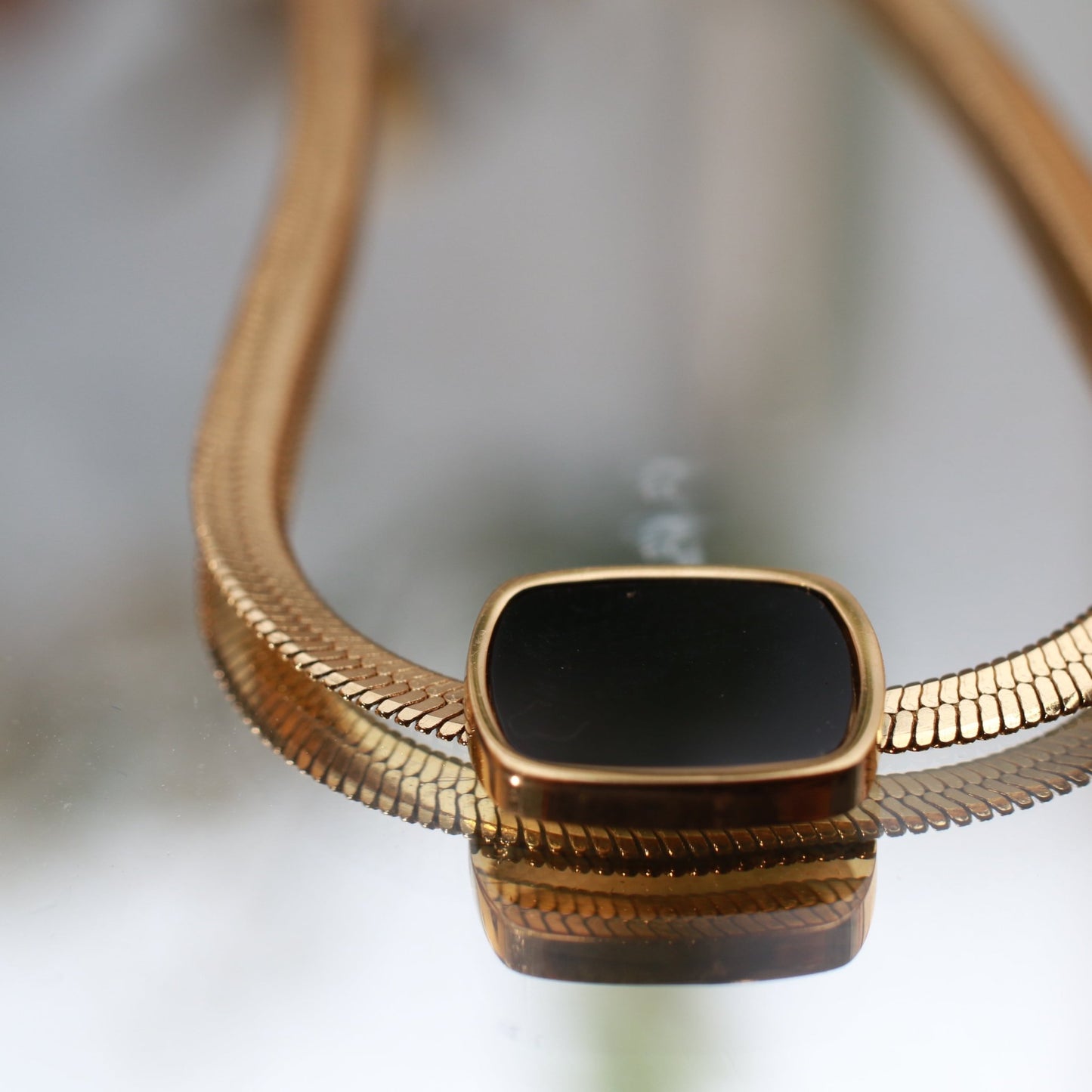Bold Black Square Enamel Pendant on Gold Snake Chain | Contemporary Anti - Tarnish - Maxiblink