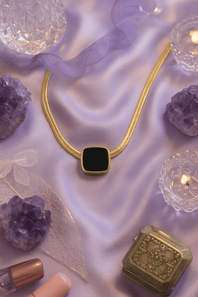 Bold Black Square Enamel Pendant on Gold Snake Chain | Contemporary Anti - Tarnish - Maxiblink