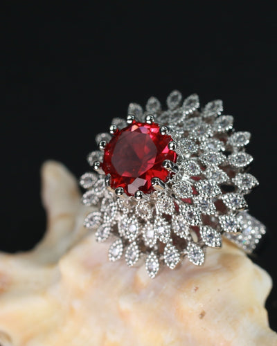 Bold Ruby Red Floral Ring with CZ Halo - Maxiblink