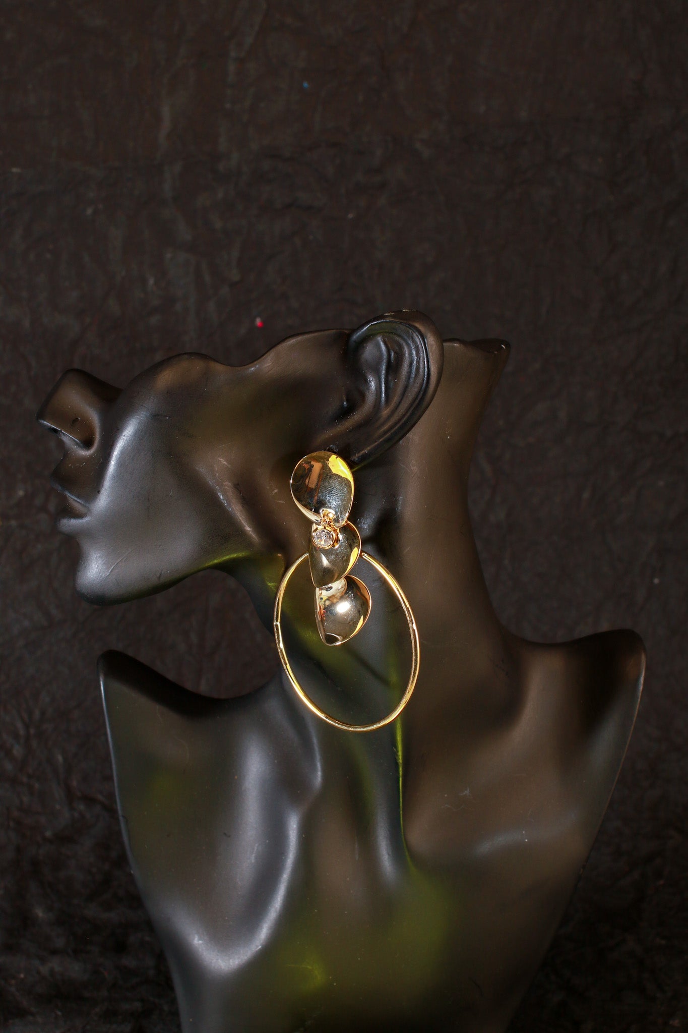 Bold Textured Gold Disc Earrings with Crystal Drop – Statement Fashion Jewelry - Maxiblink