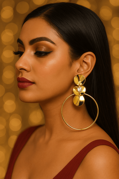 Bold Textured Gold Disc Earrings with Crystal Drop – Statement Fashion Jewelry - Maxiblink