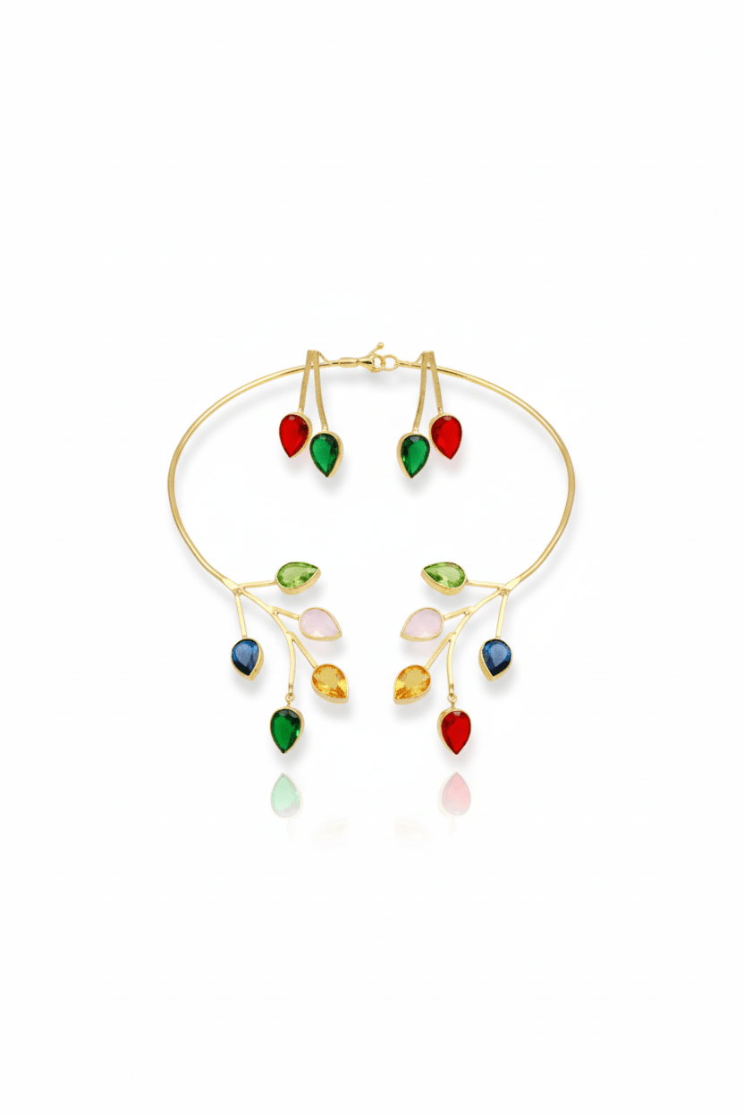 Branch Leaf Multistone Hansuli Necklace With Earrings | Brass Anti Tarnish | Lightweight - Maxiblink