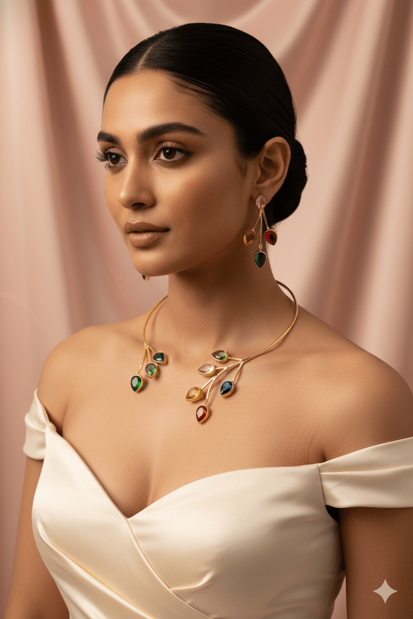 Branch Leaf Multistone Hansuli Necklace With Earrings | Brass Anti Tarnish | Lightweight - Maxiblink