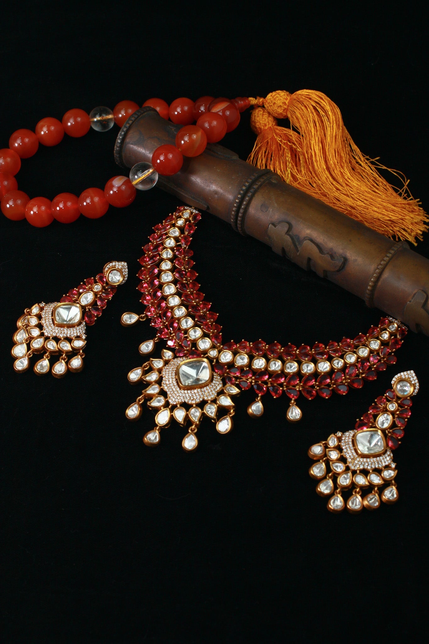 Bridal Kundan Necklace Set with Pink Stones & Polki Drops - Maxiblink
