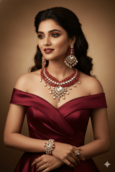 Bridal Kundan Necklace Set with Pink Stones & Polki Drops - Maxiblink