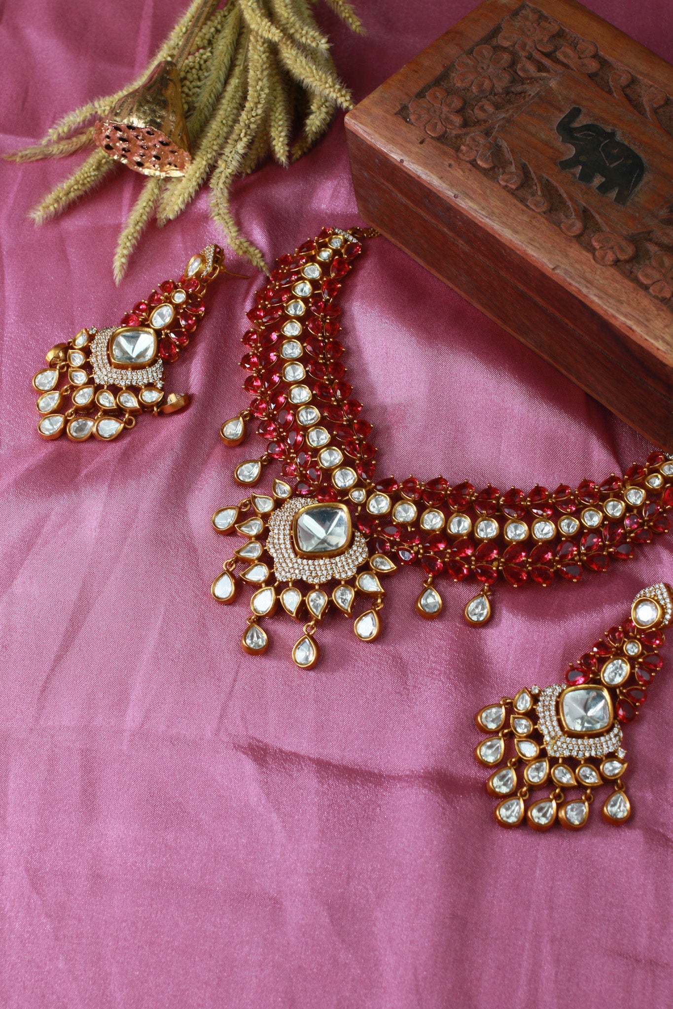 Bridal Kundan Necklace Set with Pink Stones & Polki Drops - Maxiblink