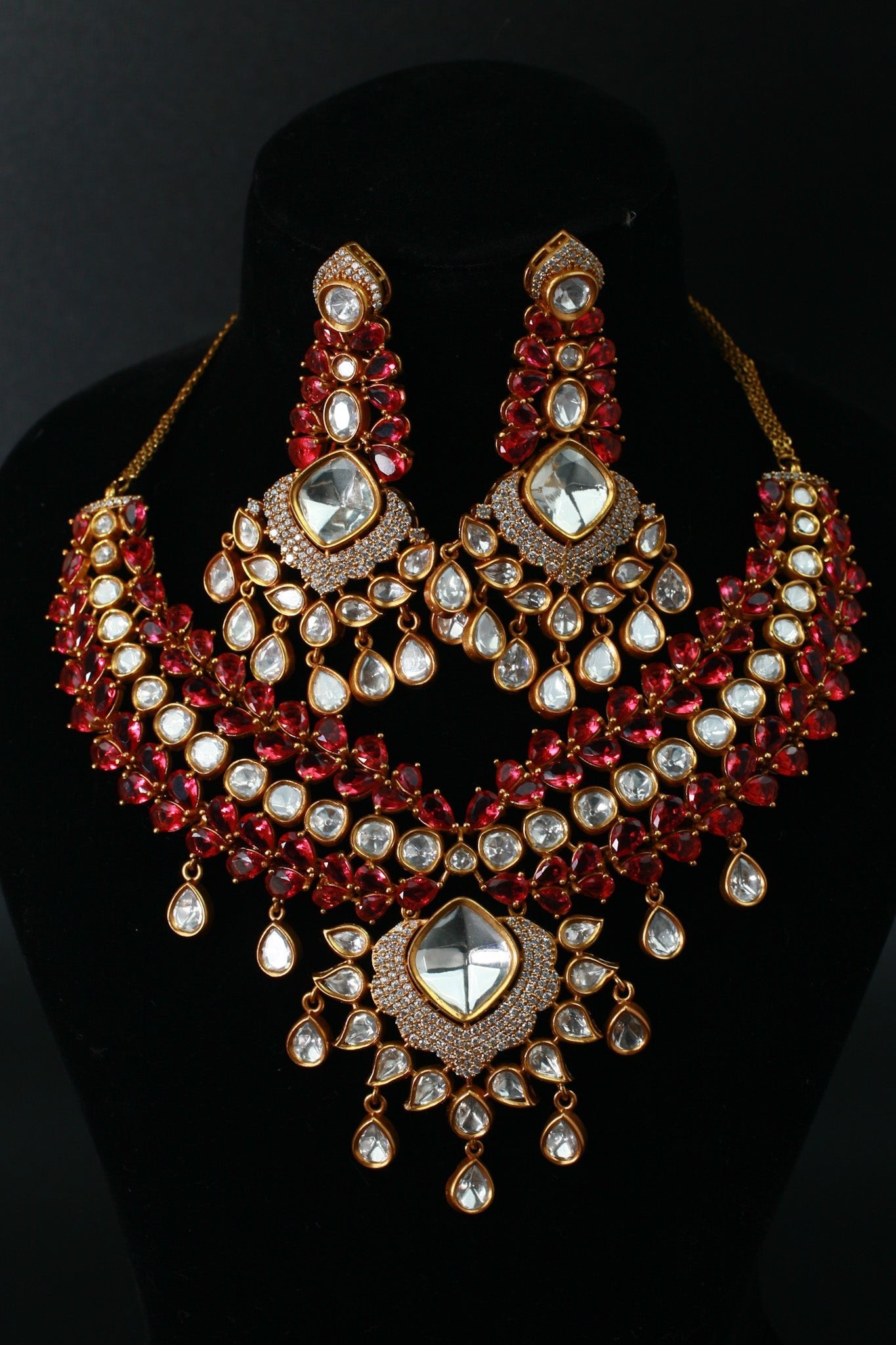 Bridal Kundan Necklace Set with Pink Stones & Polki Drops - Maxiblink