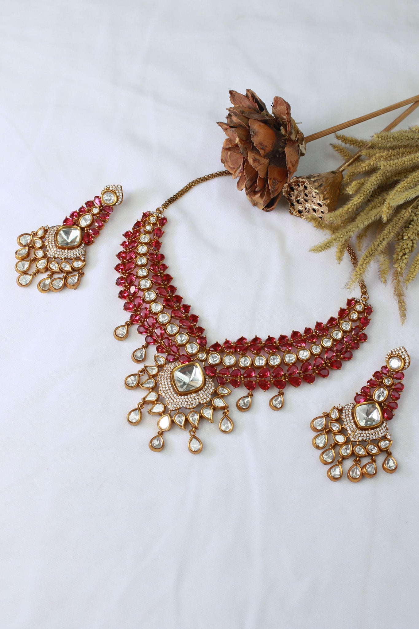 Bridal Kundan Necklace Set with Pink Stones & Polki Drops - Maxiblink