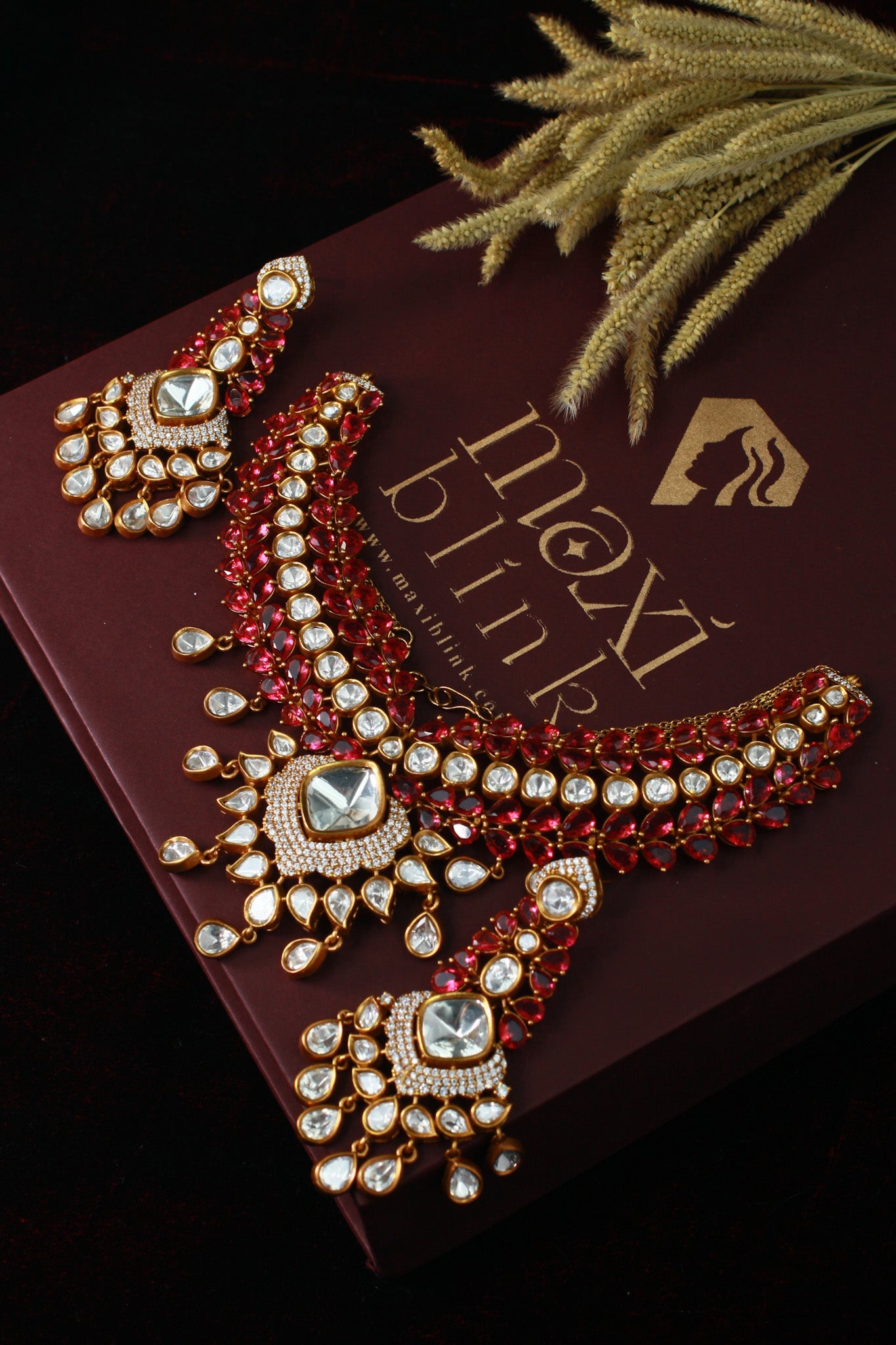 Bridal Kundan Necklace Set with Pink Stones & Polki Drops - Maxiblink