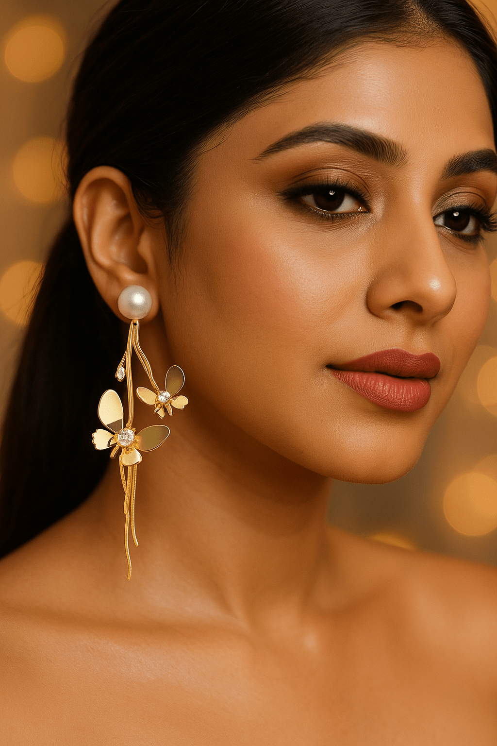 Butterfly Drop Earrings with Pearls – Anti - Tarnish Gold Finish - Maxiblink