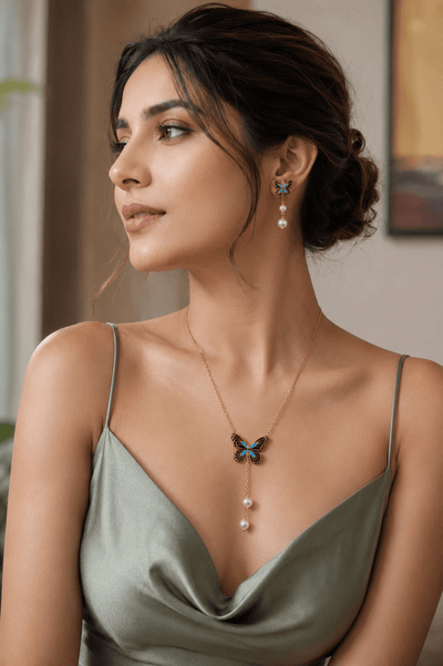 Butterfly Pearl Pendant Necklace & Earrings Set – Gold Tone - Maxiblink