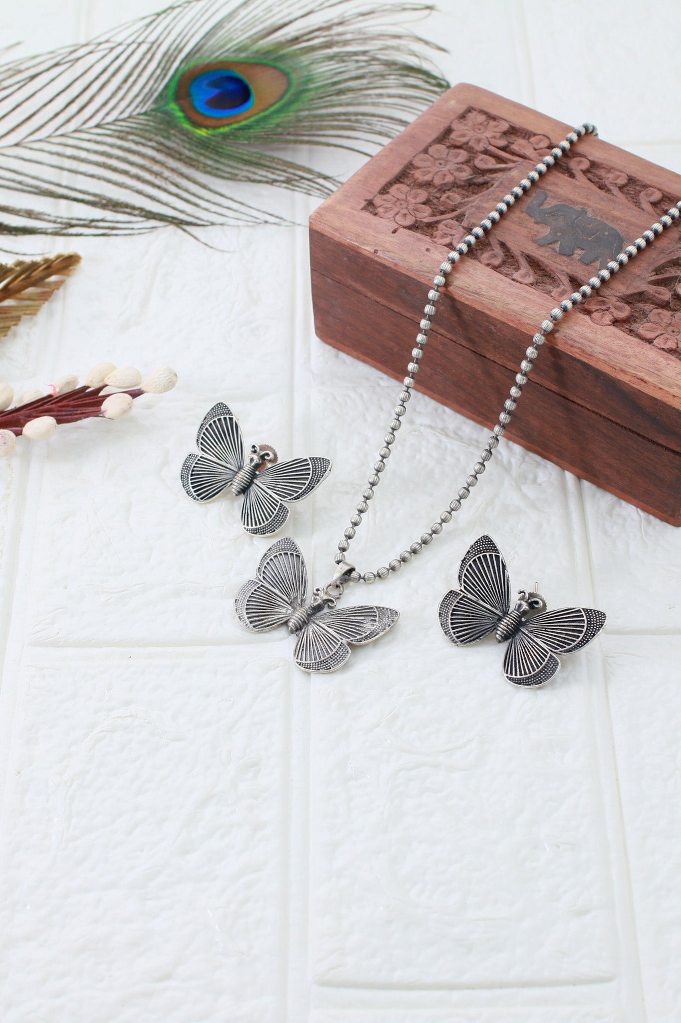 Butterfly Pendant Set with Matching Studs | Oxidised German Silver - Maxiblink