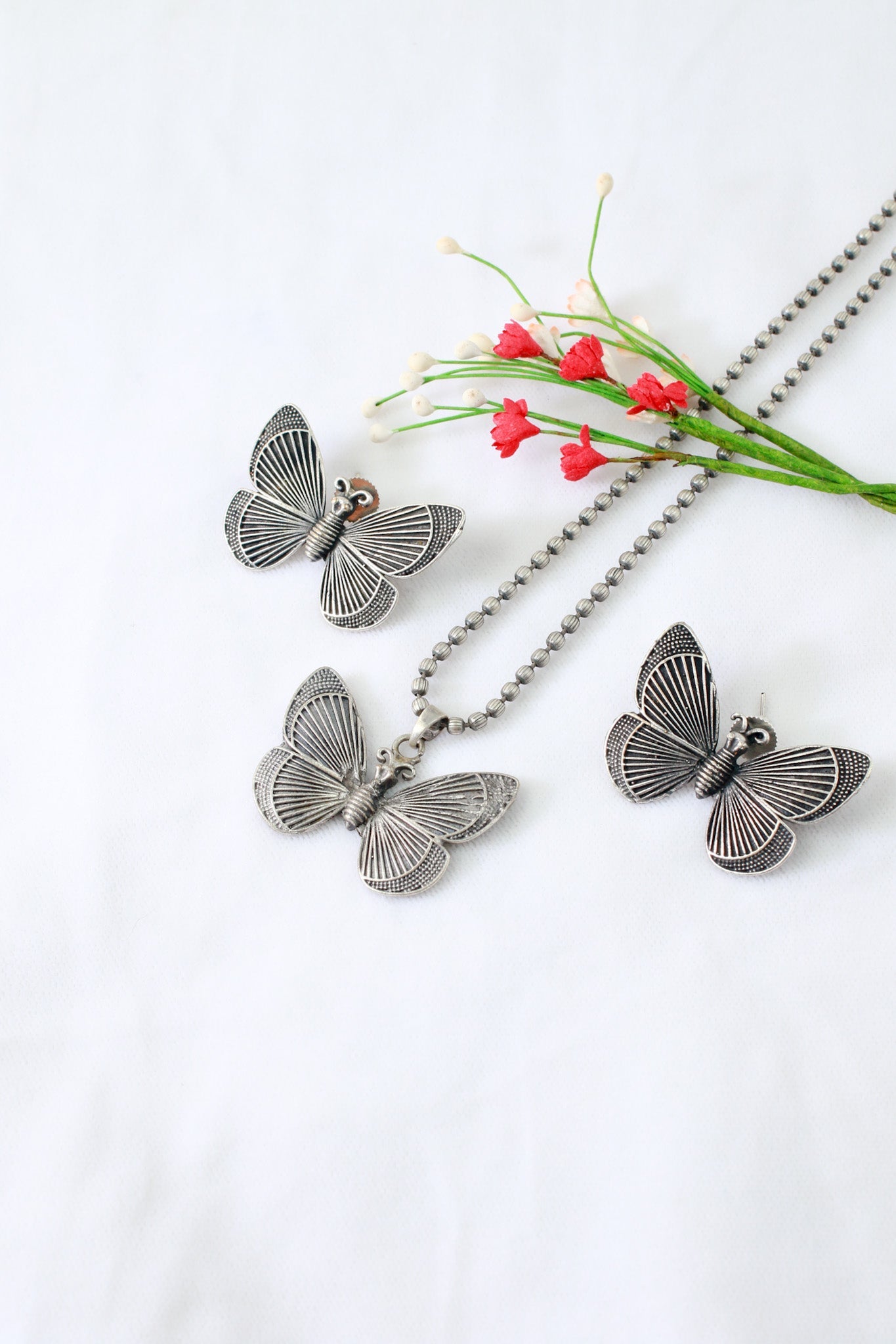Butterfly Pendant Set with Matching Studs | Oxidised German Silver - Maxiblink