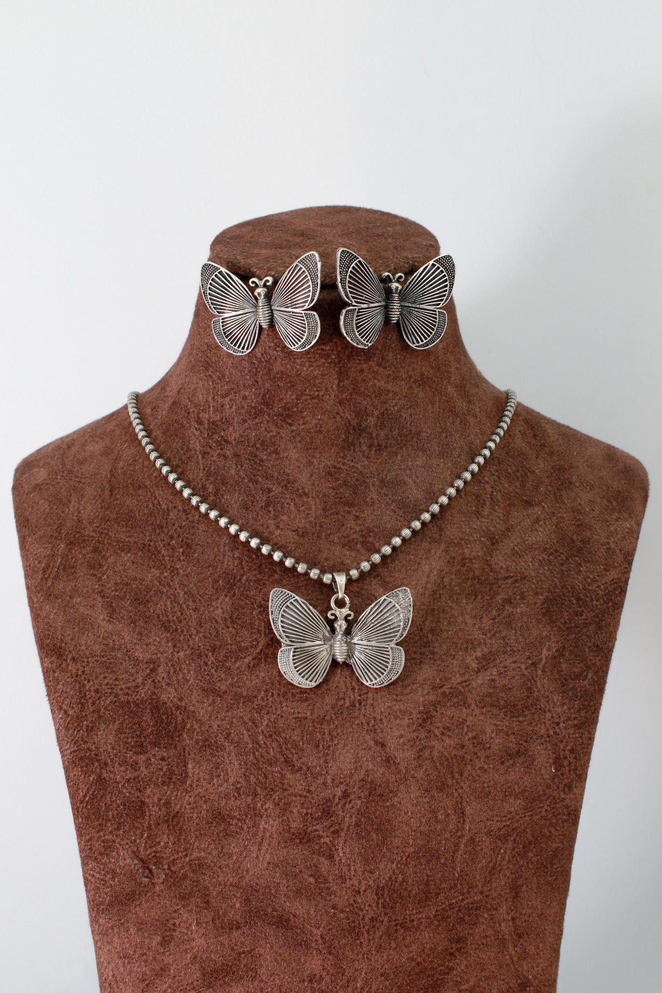 Butterfly Pendant Set with Matching Studs | Oxidised German Silver - Maxiblink