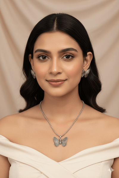 Butterfly Pendant Set with Matching Studs | Oxidised German Silver - Maxiblink