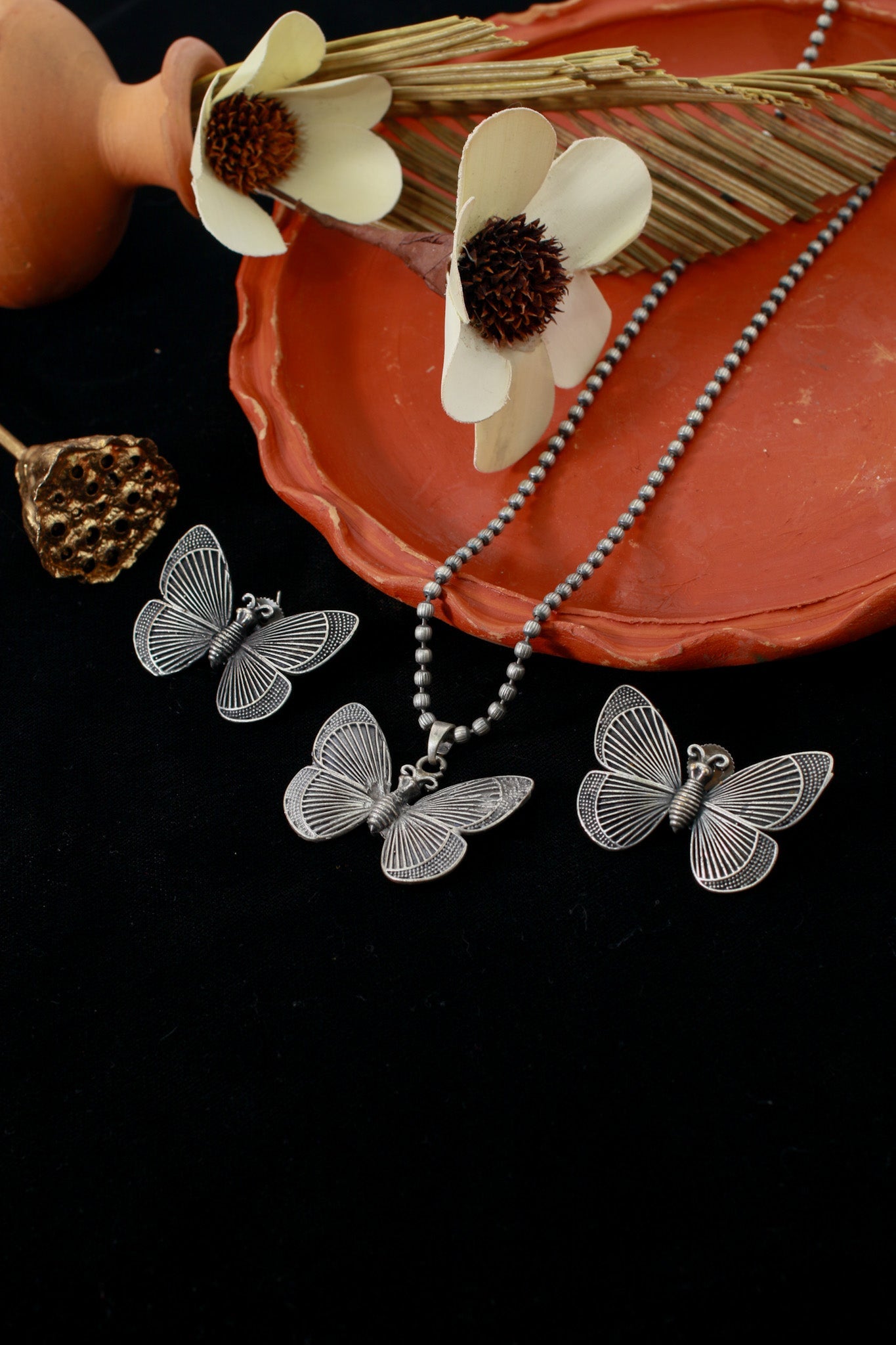 Butterfly Pendant Set with Matching Studs | Oxidised German Silver - Maxiblink