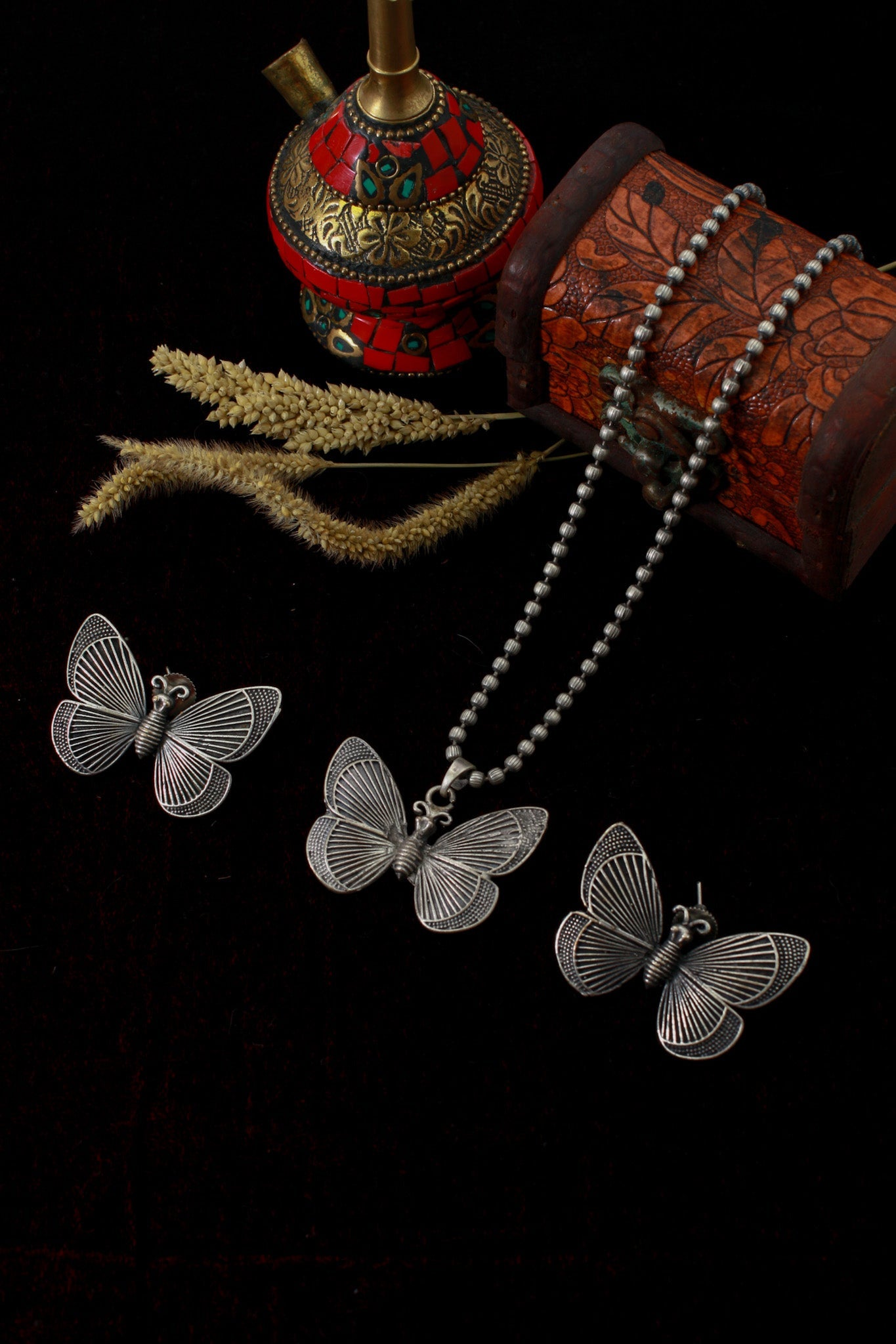 Butterfly Pendant Set with Matching Studs | Oxidised German Silver - Maxiblink