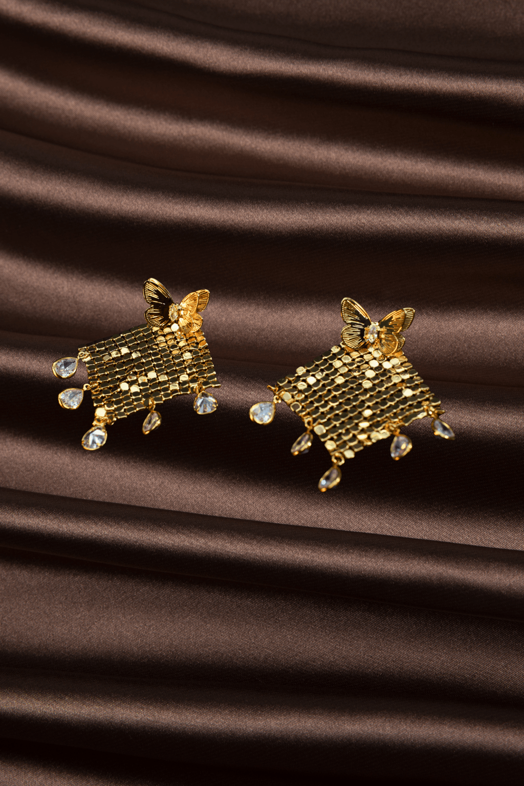 Butterfly Sequin Mesh Drop Earrings – Crystal Teardrop Details - Maxiblink