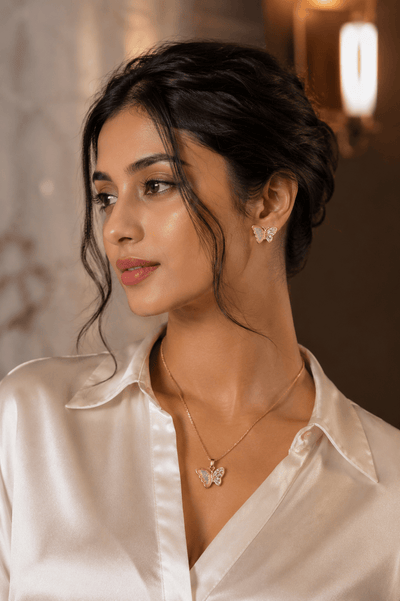 Butterfly Zircon Pendant Necklace & Earrings Set – Gold Plated - Maxiblink