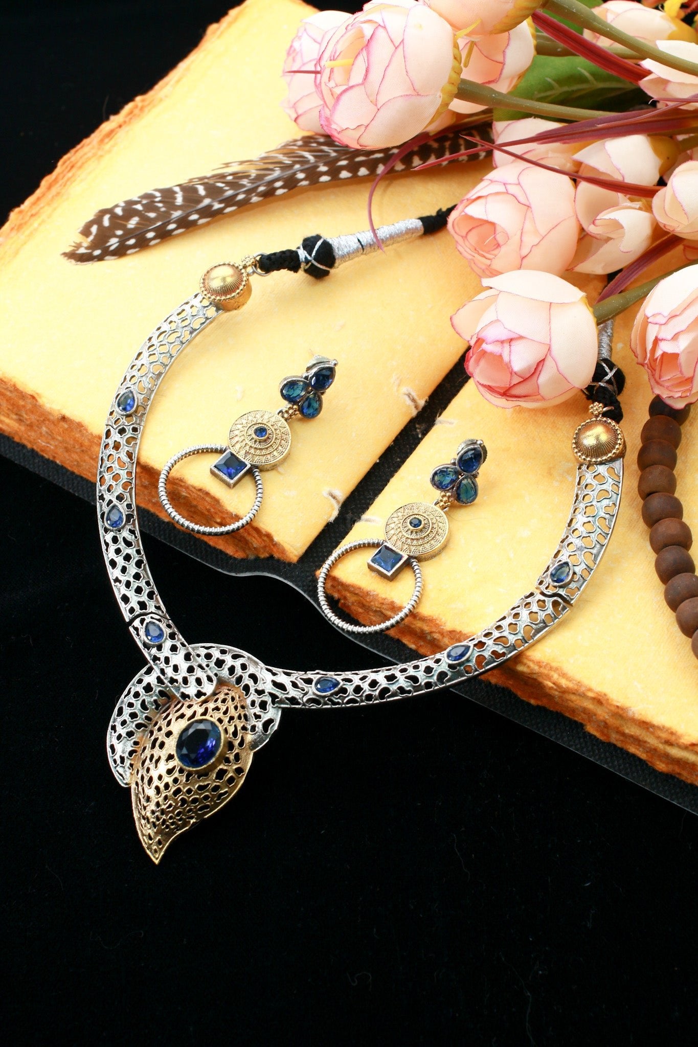 Classic Blue Silver Statement Pendant Necklace Set - Maxiblink