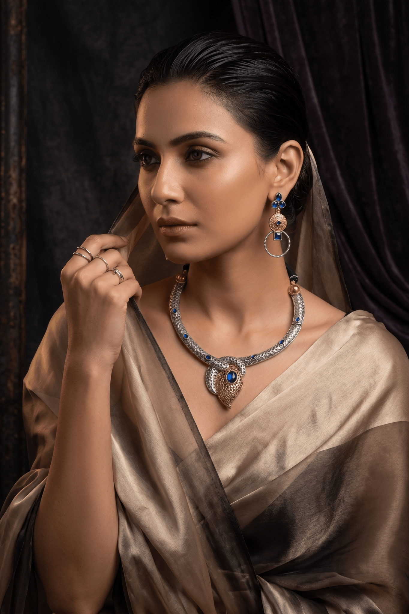 Classic Blue Silver Statement Pendant Necklace Set - Maxiblink