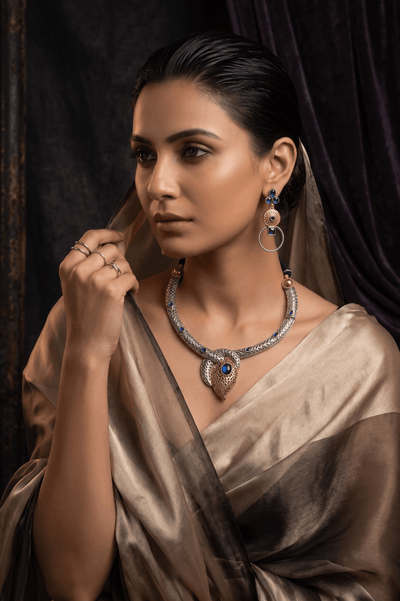 Classic Blue Silver Statement Pendant Necklace Set - Maxiblink