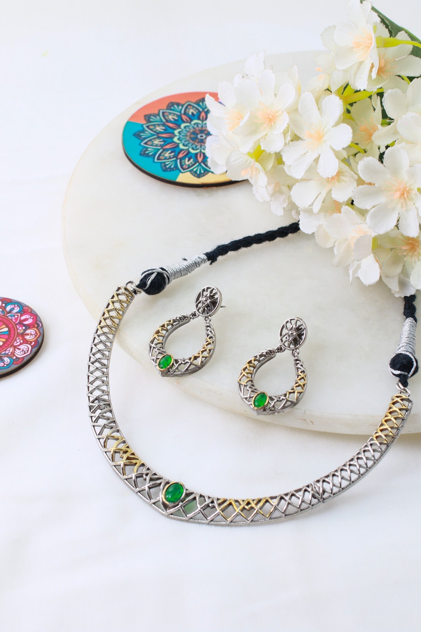 Classic Green Silver Lattice Collar Necklace Set - Maxiblink