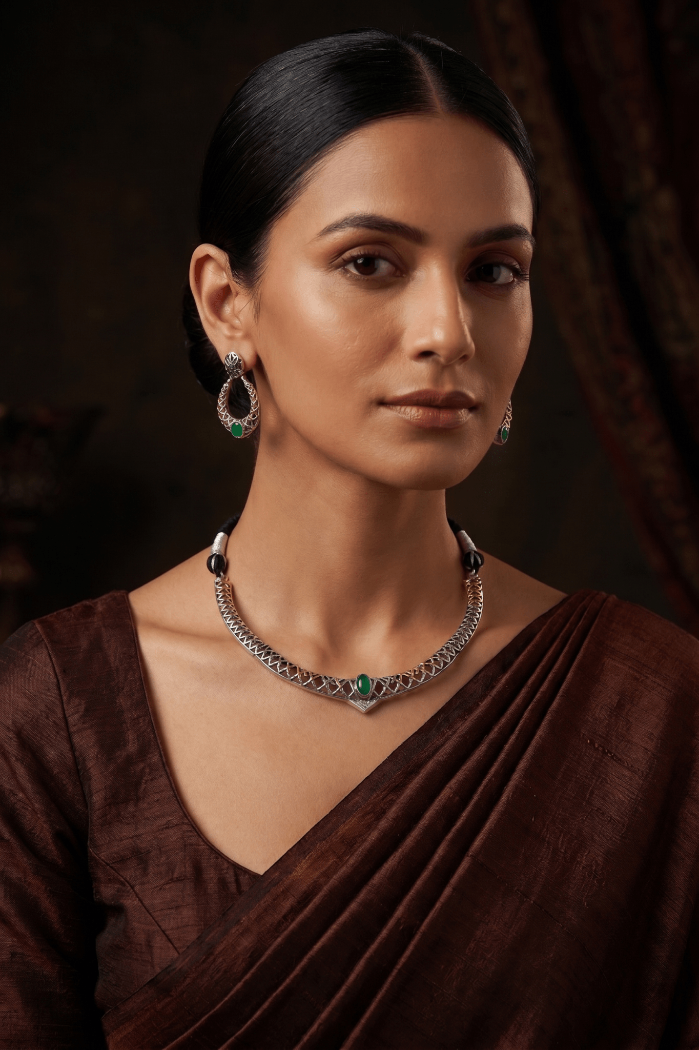 Classic Green Silver Lattice Collar Necklace Set - Maxiblink