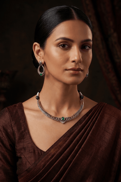 Classic Green Silver Lattice Collar Necklace Set - Maxiblink