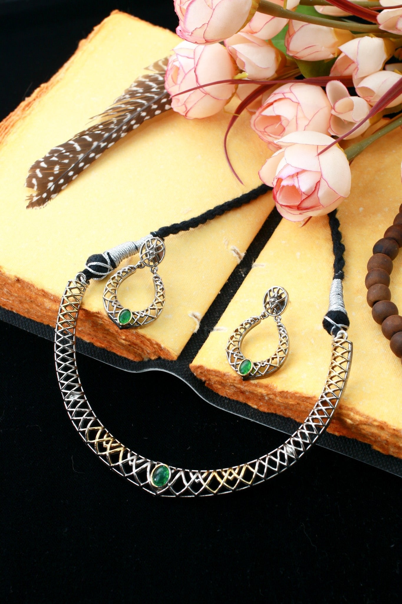 Classic Green Silver Lattice Collar Necklace Set - Maxiblink