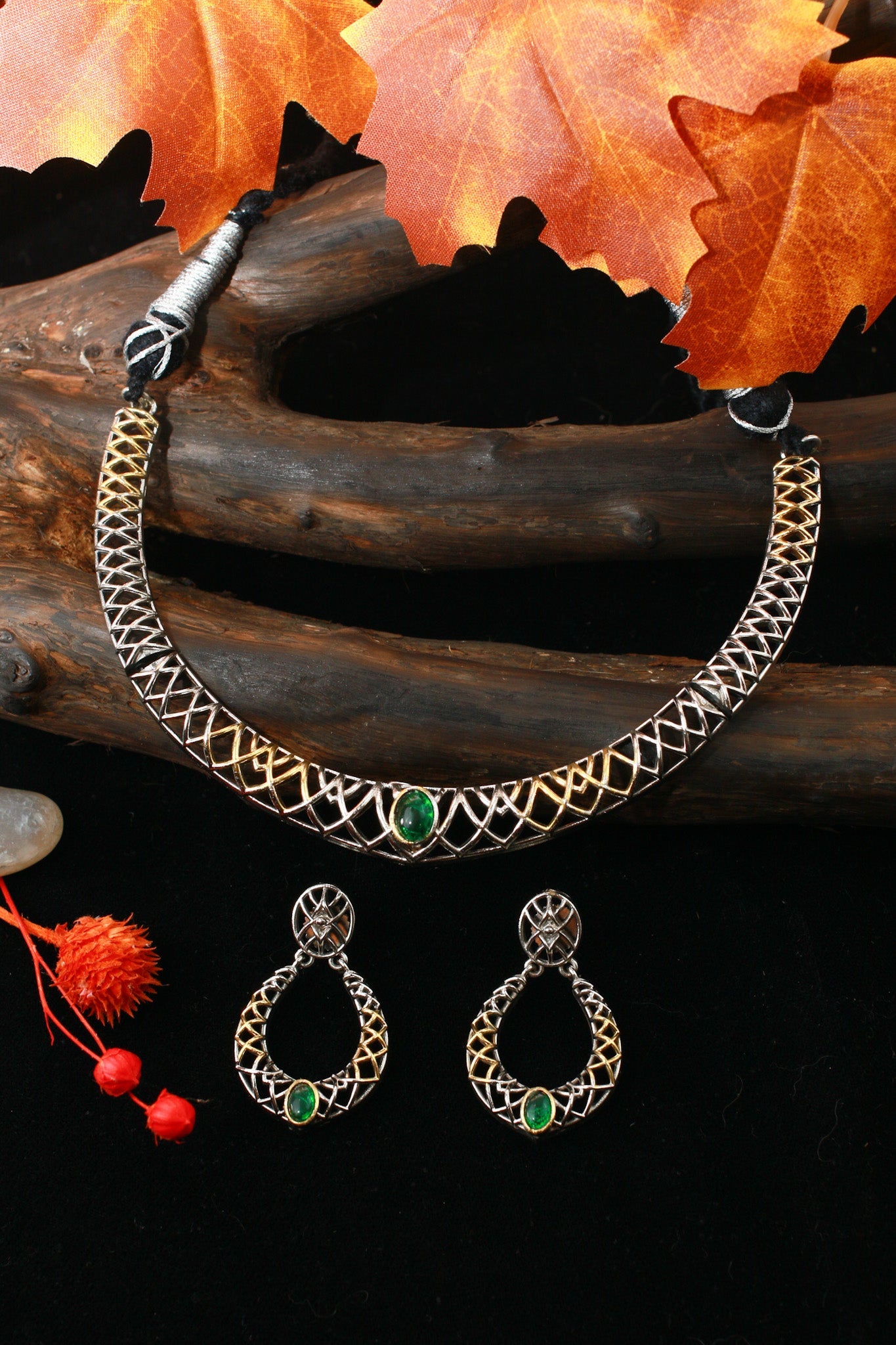 Classic Green Silver Lattice Collar Necklace Set - Maxiblink