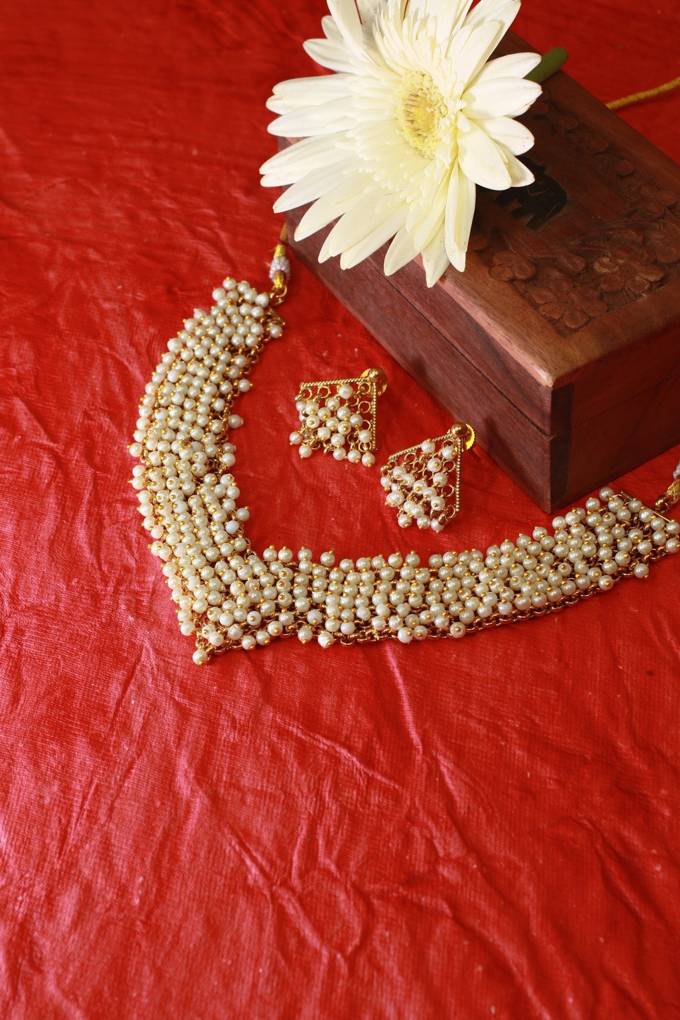 Classic Pearl Cluster Necklace Set with Jhumka Earrings - Maxiblink