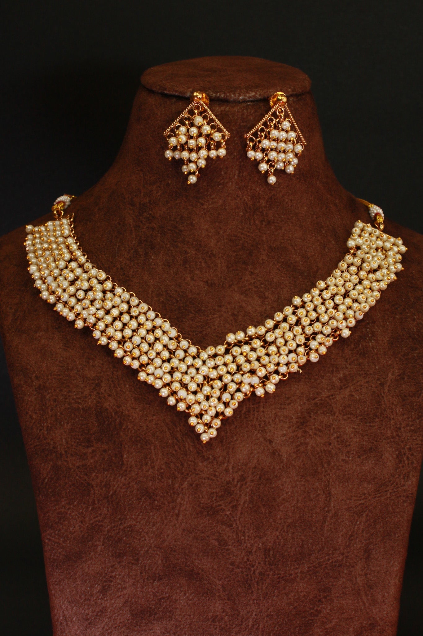 Classic Pearl Cluster Necklace Set with Jhumka Earrings - Maxiblink