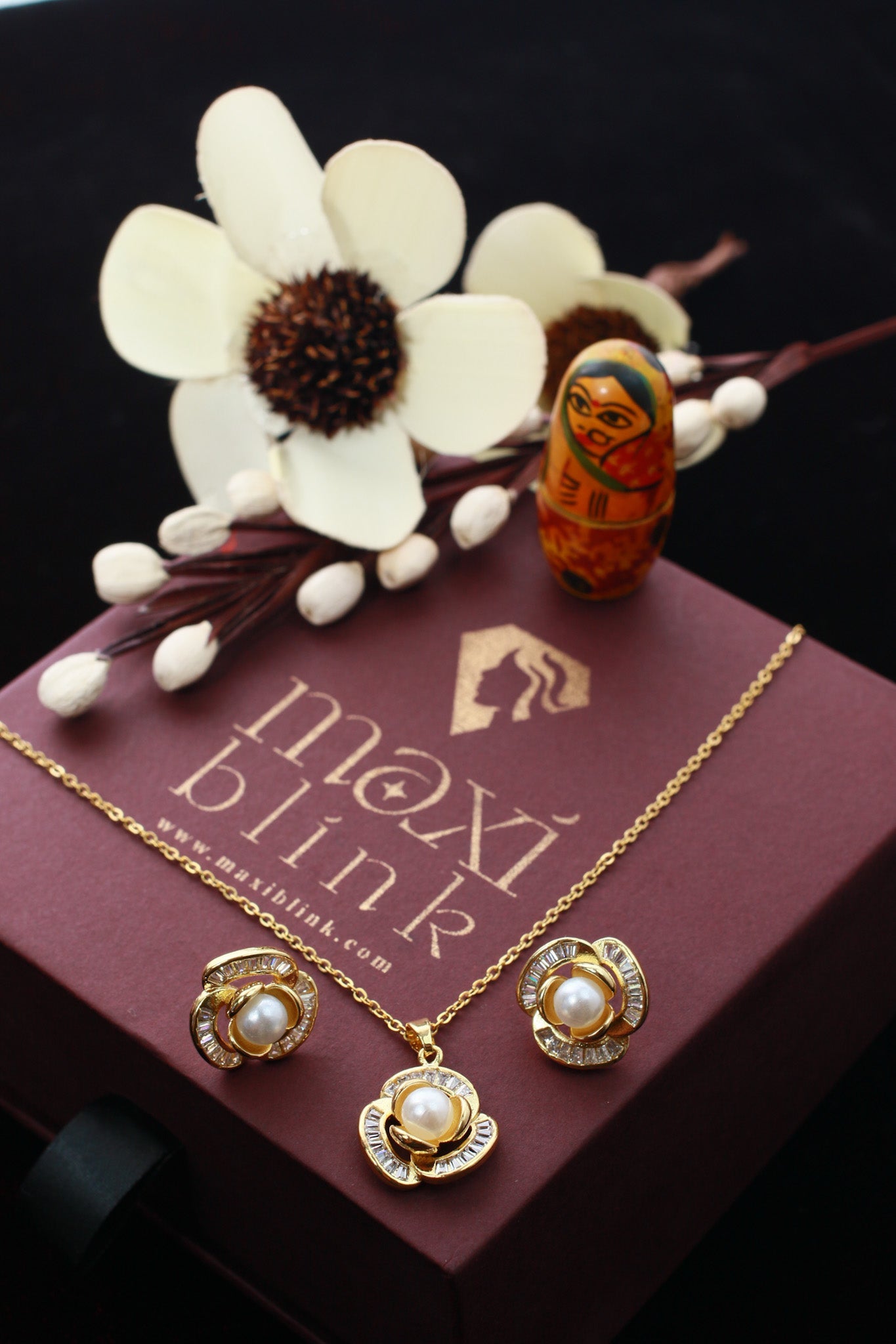 Classic Pearl Halo Pendant Set - Gold Plated with Crystals | Elegant Anti Tarnish Jewelry - Maxiblink
