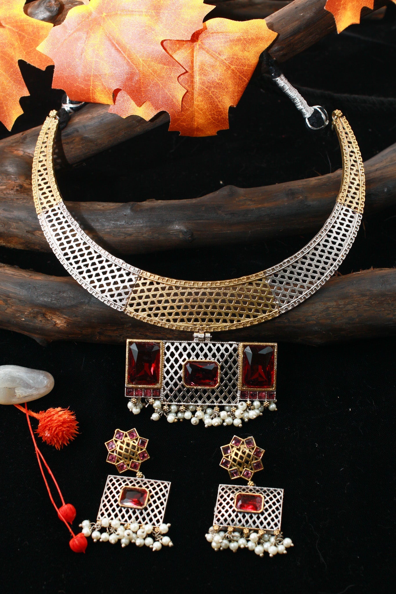 Classic Ruby Dual - Tone Geometric Hansli Necklace Set - Maxiblink