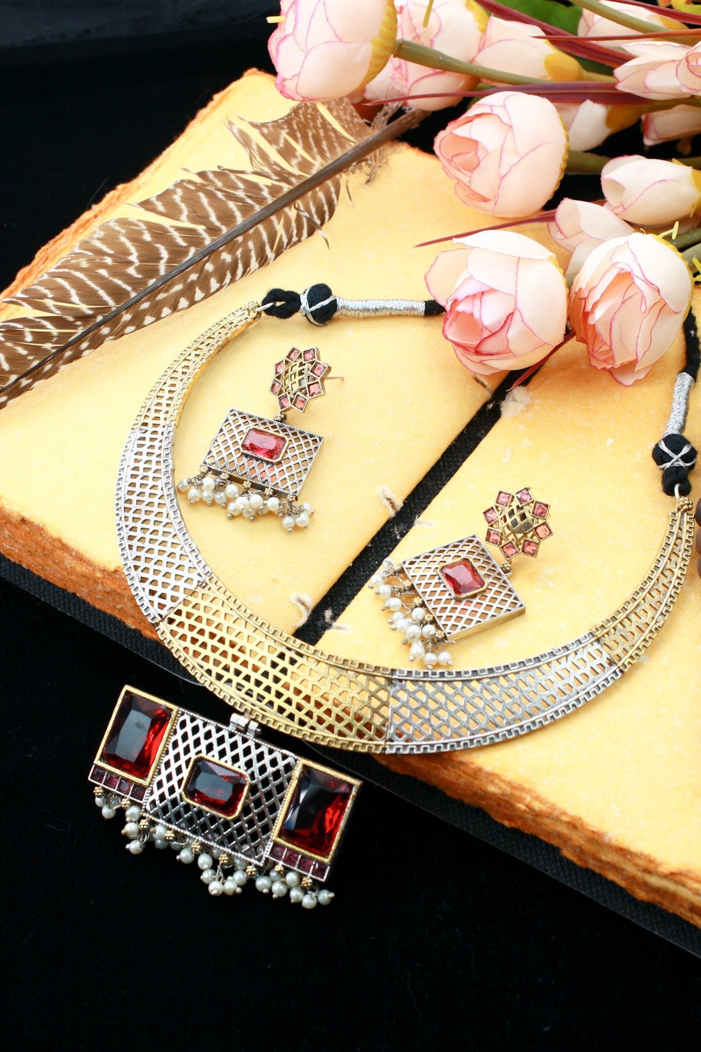 Classic Ruby Dual - Tone Geometric Hansli Necklace Set - Maxiblink