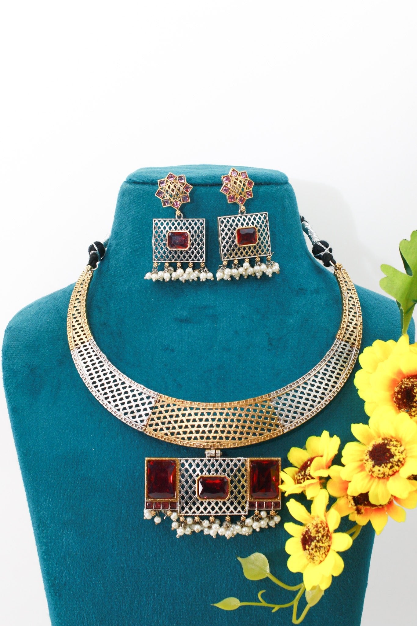 Classic Ruby Dual - Tone Geometric Hansli Necklace Set - Maxiblink
