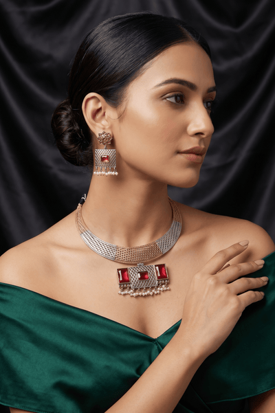 Classic Ruby Dual - Tone Geometric Hansli Necklace Set - Maxiblink