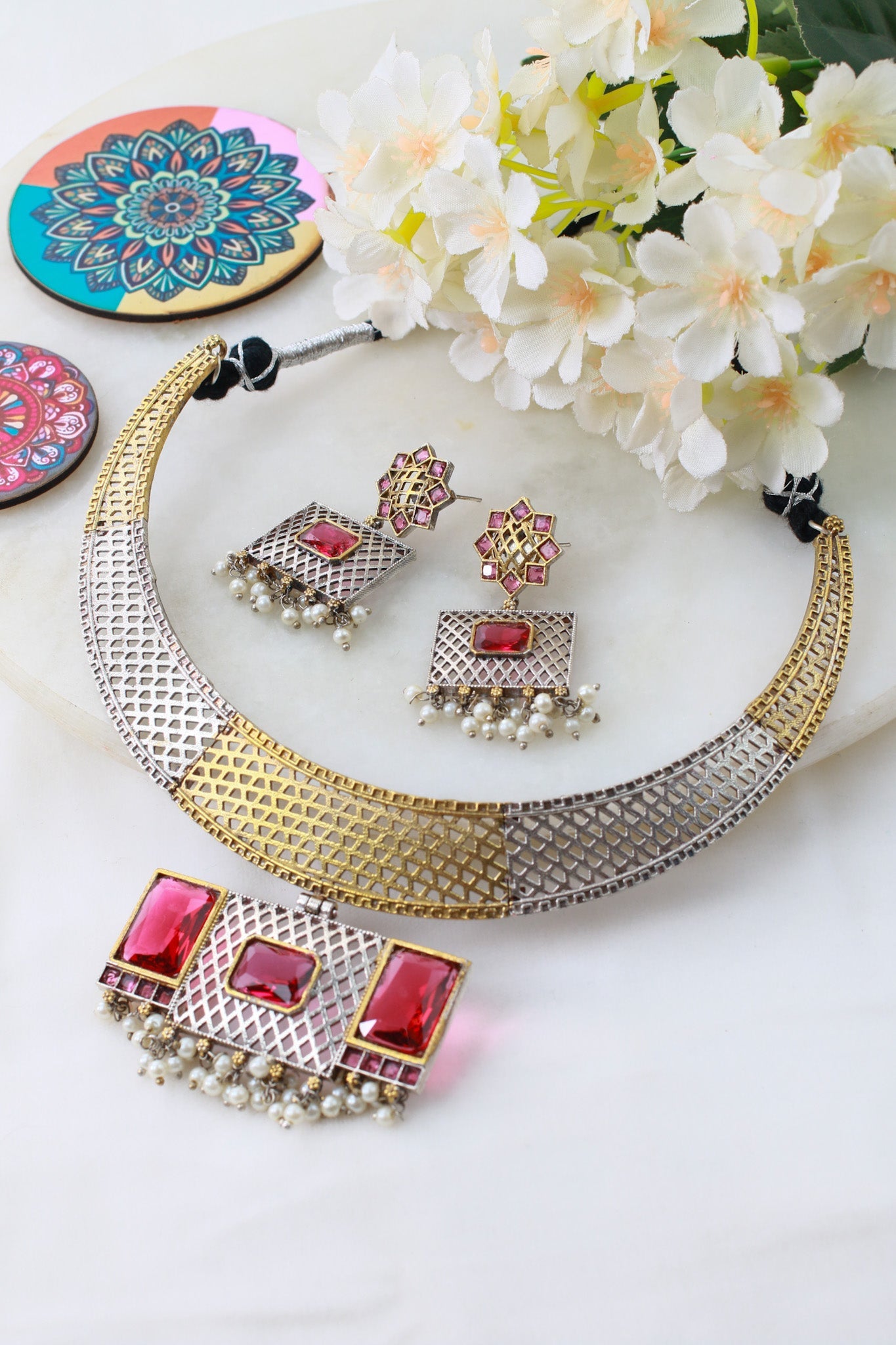 Classic Ruby Dual - Tone Geometric Hansli Necklace Set - Maxiblink