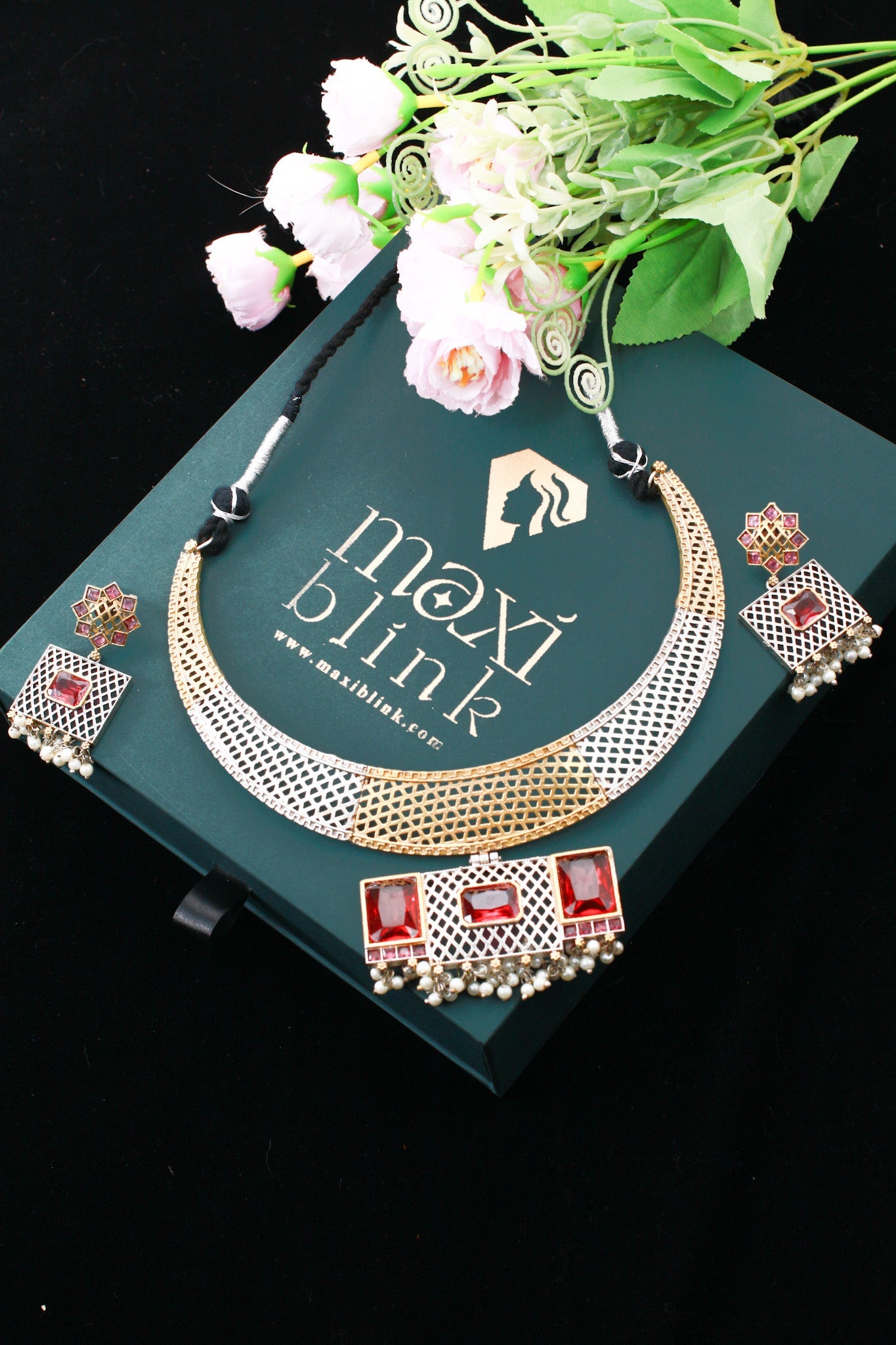 Classic Ruby Dual - Tone Geometric Hansli Necklace Set - Maxiblink