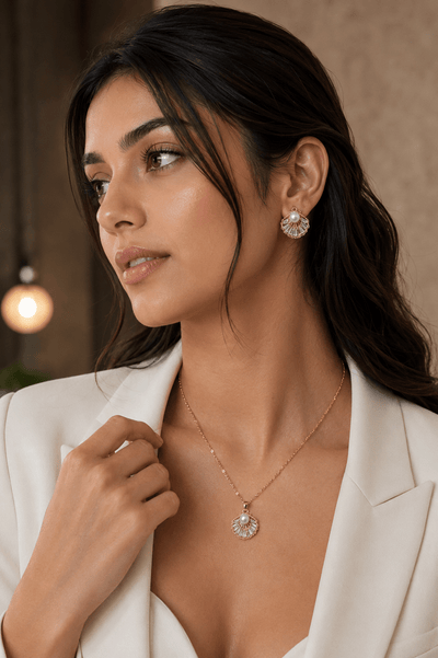Classic Sector Zircon Pendant Necklace & Earrings Set – Gold Plated - Maxiblink