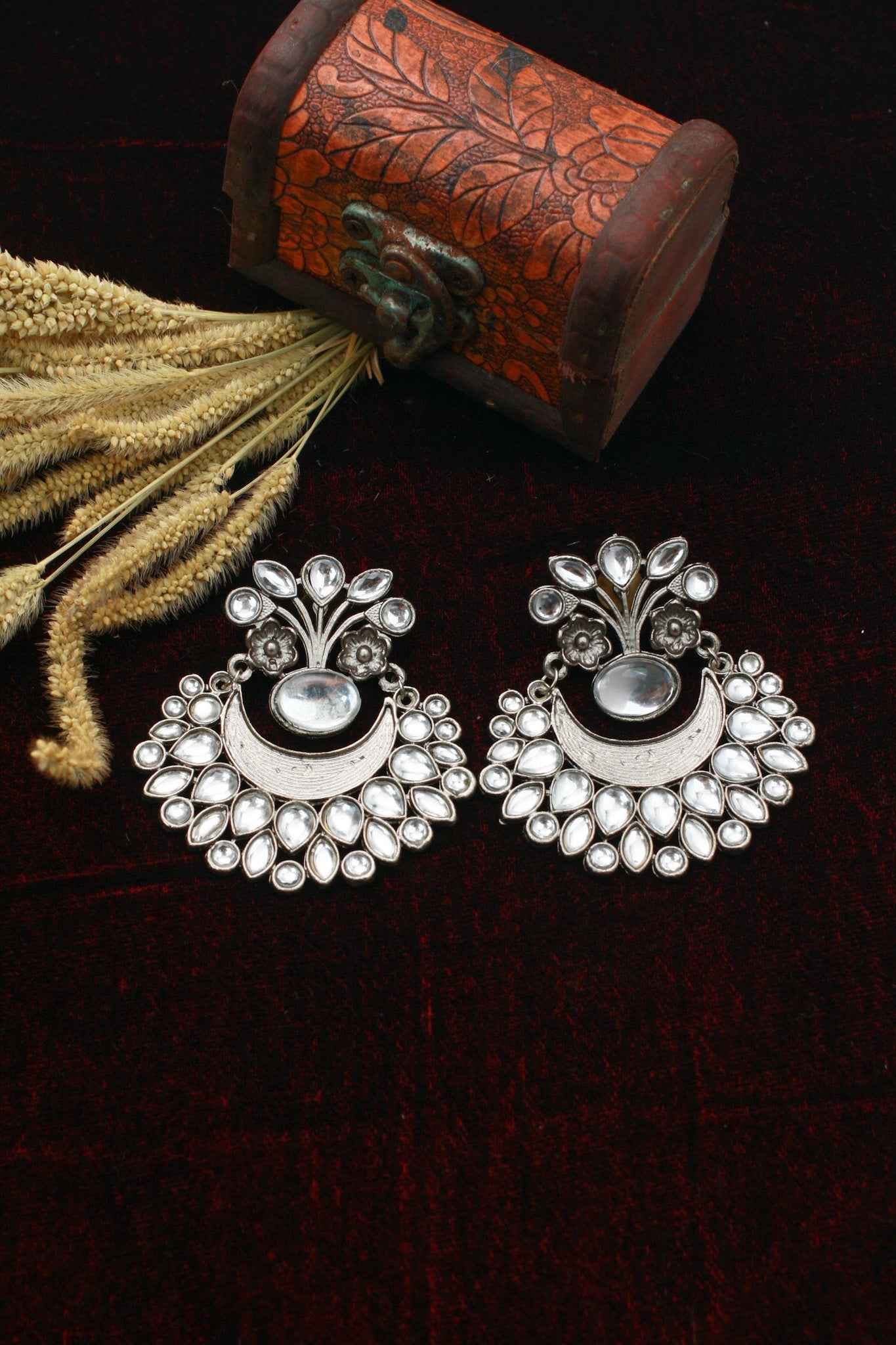 Clear Monalisa Chandbali Oxidised German Silver Earrings – Mirror Look - Maxiblink