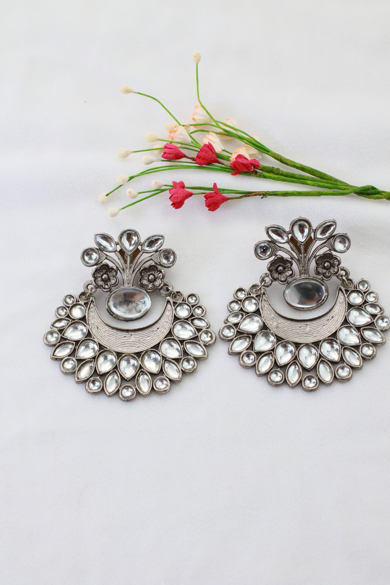 Clear Monalisa Chandbali Oxidised German Silver Earrings – Mirror Look - Maxiblink