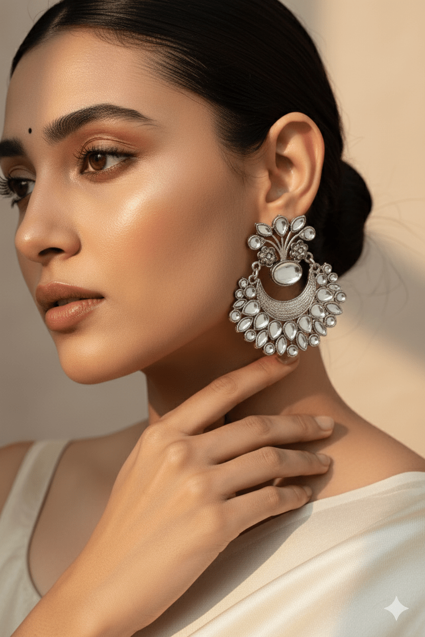 Clear Monalisa Chandbali Oxidised German Silver Earrings – Mirror Look - Maxiblink