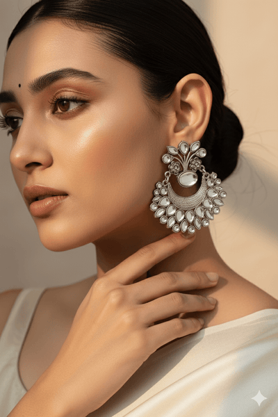 Clear Monalisa Chandbali Oxidised German Silver Earrings – Mirror Look - Maxiblink