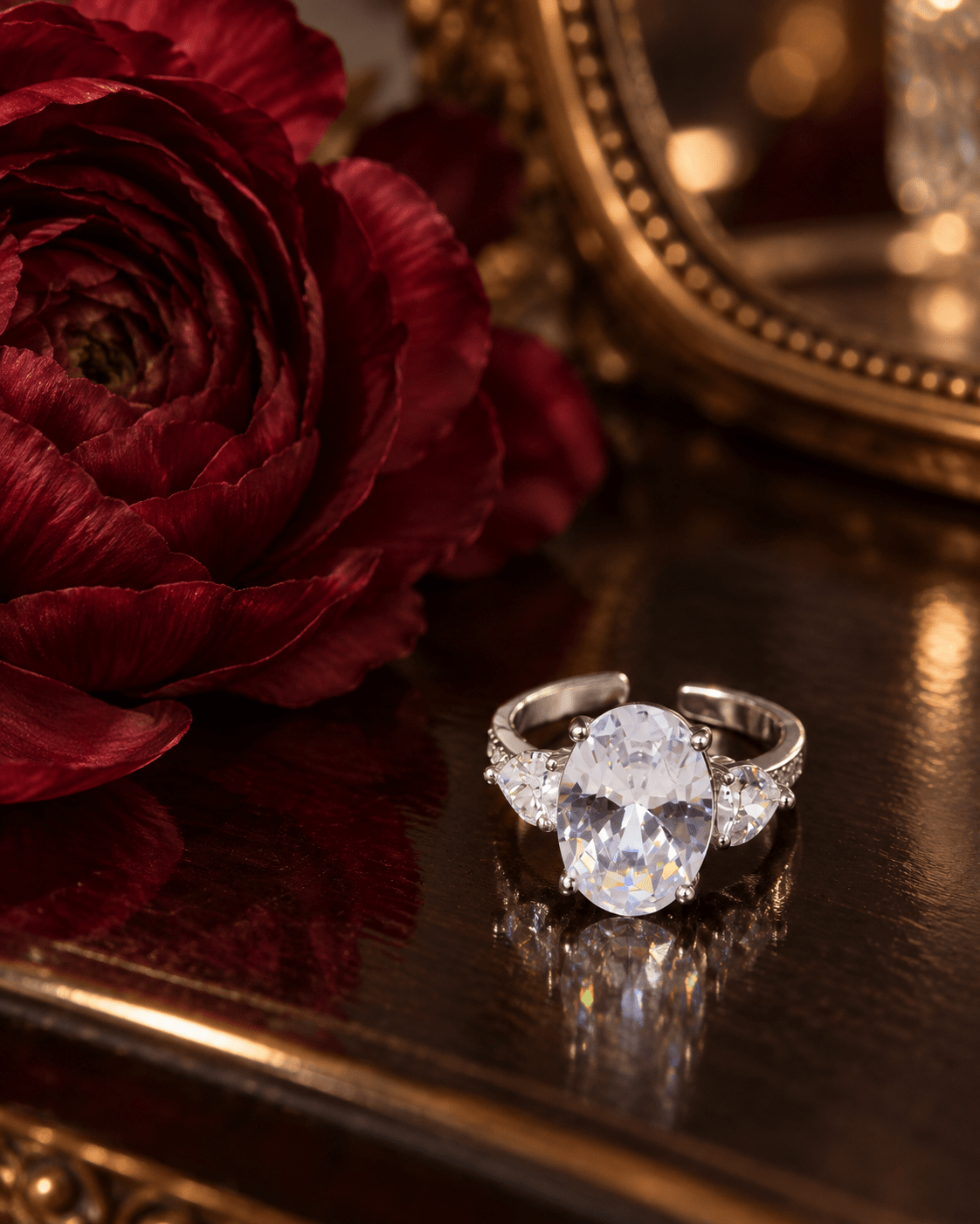 Clear Oval Three-Stone Ring with Heart Side Stones - Maxiblink